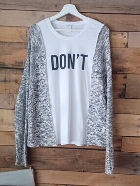 Upcycled "DON'T" Graphic Tee with Marled Gray Cardigan Sleeves